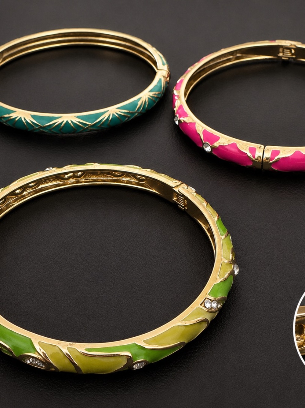 Sequin Enamel Hinged Bangle Bracelet Set – 3 Pieces